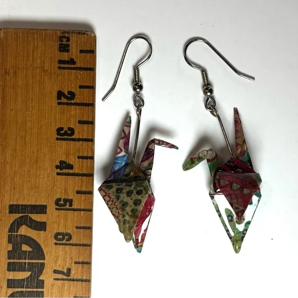 Origami Crane Bird Colorful Earrings- Boho Jeweled Dangling - Picture 5 of 5
